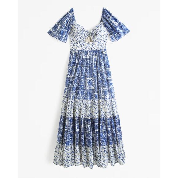 Abercrombie & Fitch Twistfront Tiered Maxi Dress - M Petite - Blue Pattern - Picture 1 of 3